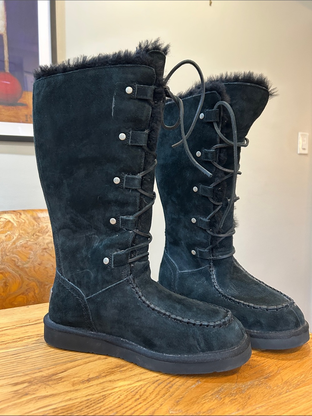 UGG Tall Black Suede Lace-Up Winter Boots with Shearling Trim